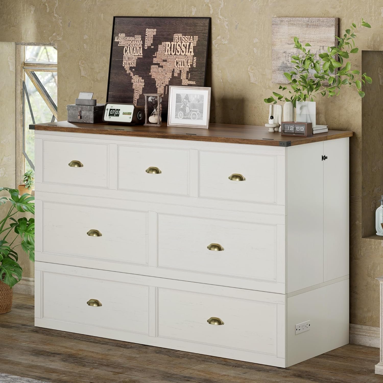 AMERLIFE Queen Size Murphy Bed, Farmhouse Wooden Cabinet with Charging Station and Storage Drawer for Bedroom/Office/Guest Room, White+Barnwood