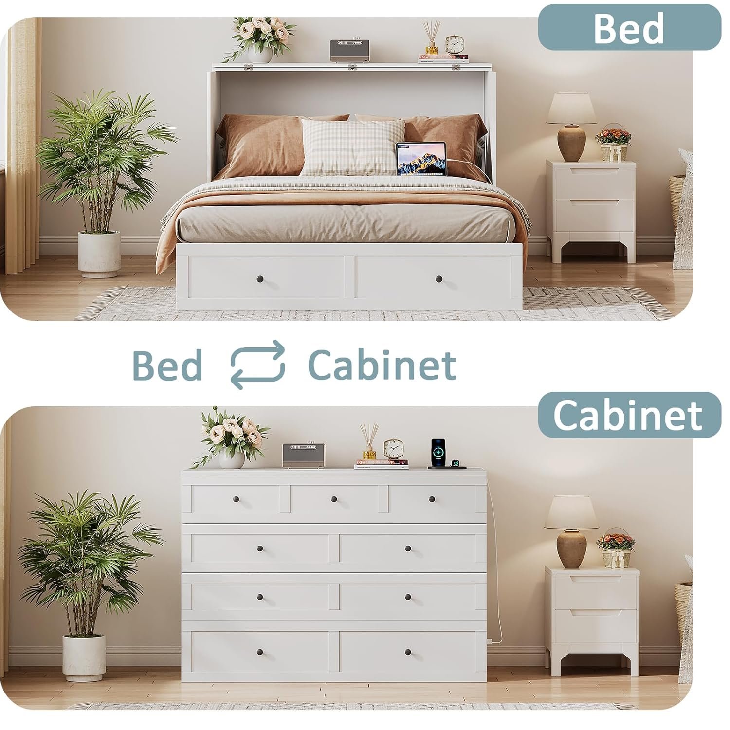 Full Size Murphy Bed with Charging Station  Drawer, Full Size Mobile Cabinet Bed Frame, Murphy Chest Bed for Bedroom, Guest Room