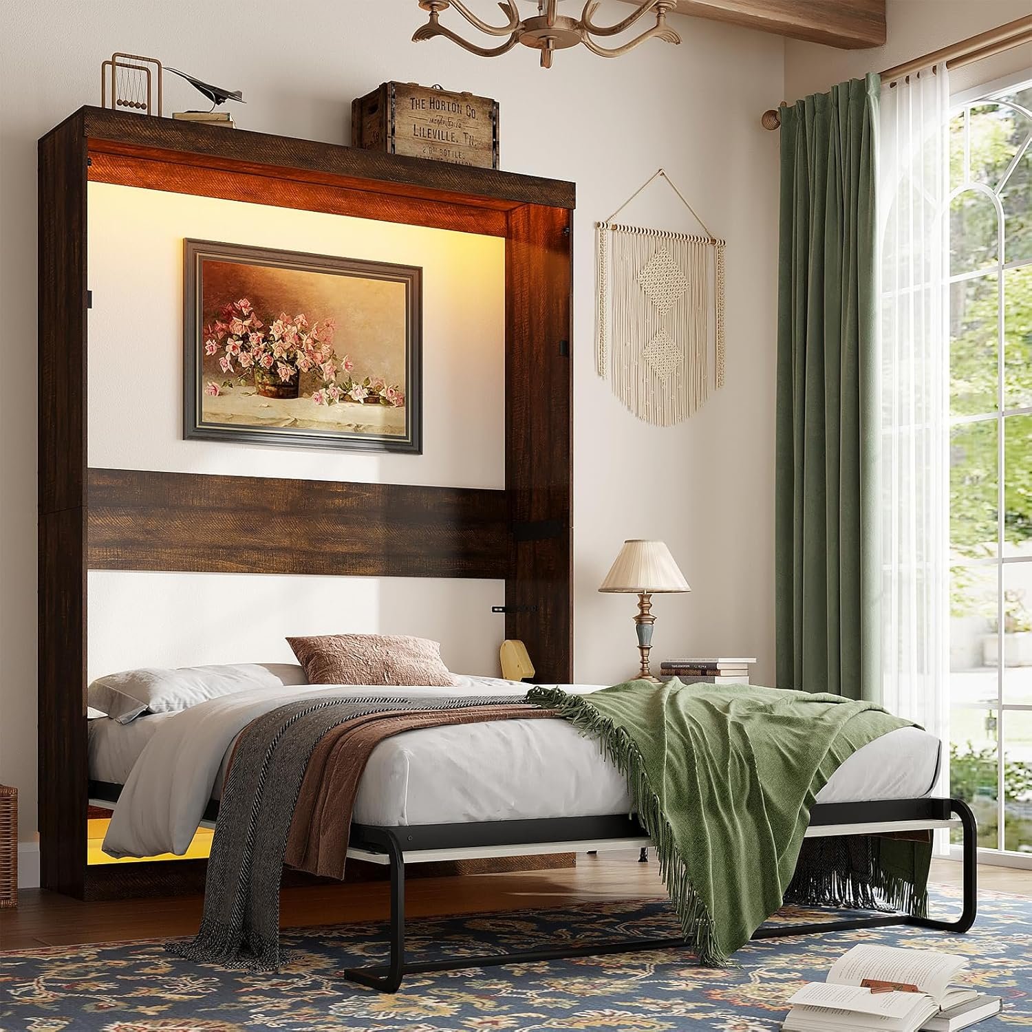 Queen Size Murphy Bed with 2 LED Lights, Farmhouse Wood Hidden Foldable Wall Bed Frame w/Gas Struts, Storage Bed Cabinet for Bedroom, Office, Space-Saving, No Box Spring Needed, Rustic White