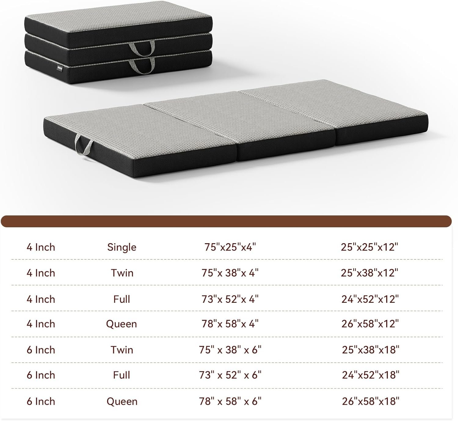 Memory Foam Trifold Mattress - Full Portable Floor Bed 6 Inch, Foldable Mat with Washable Cover, Handle  Non-Slip Bottom, for RV, Travel, Camping, Yoga, 73x52x6