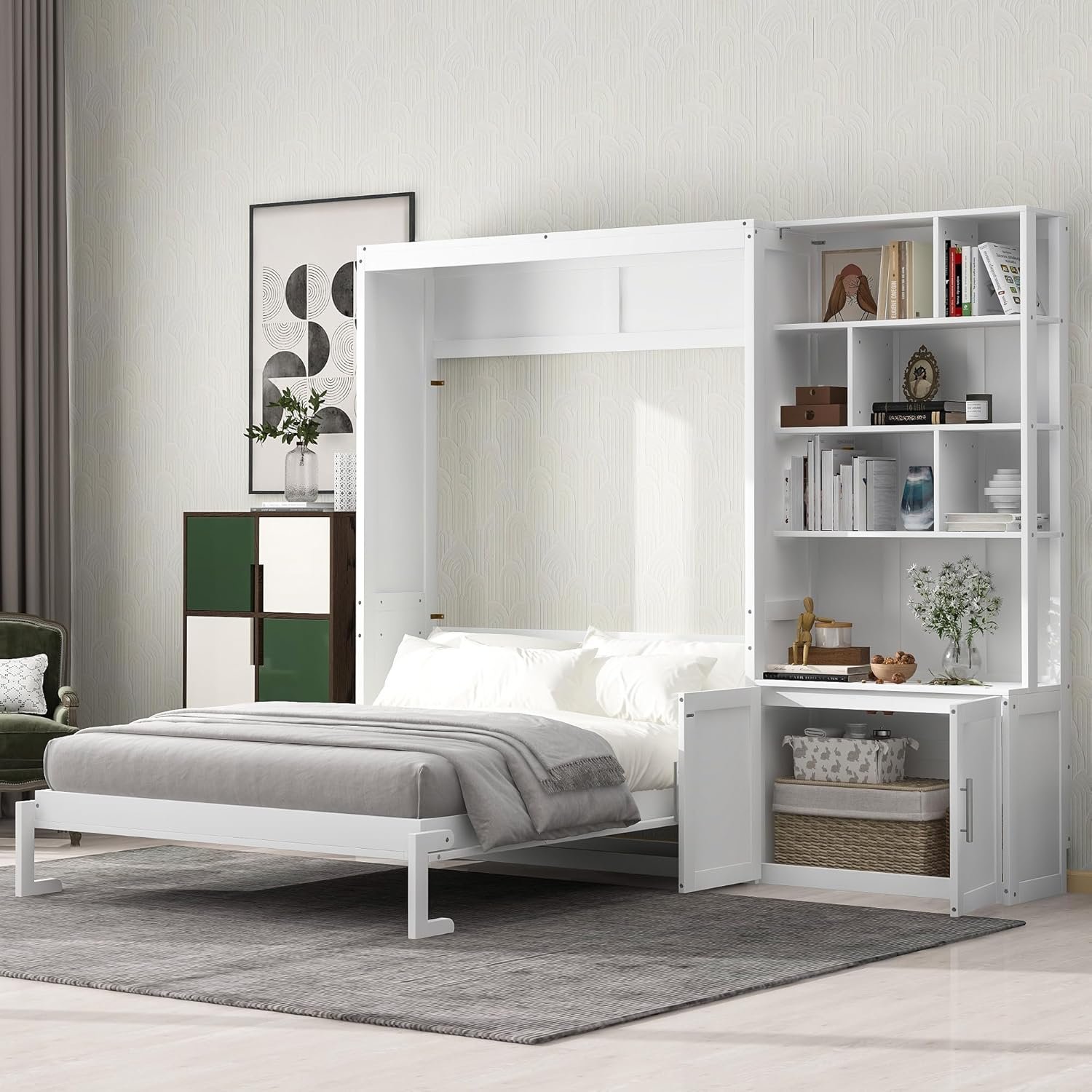 Merax Full Size Murphy Bed, White Wood Wall Bed Cabinet with Multiple Storage Shelves and a Cabinet, White