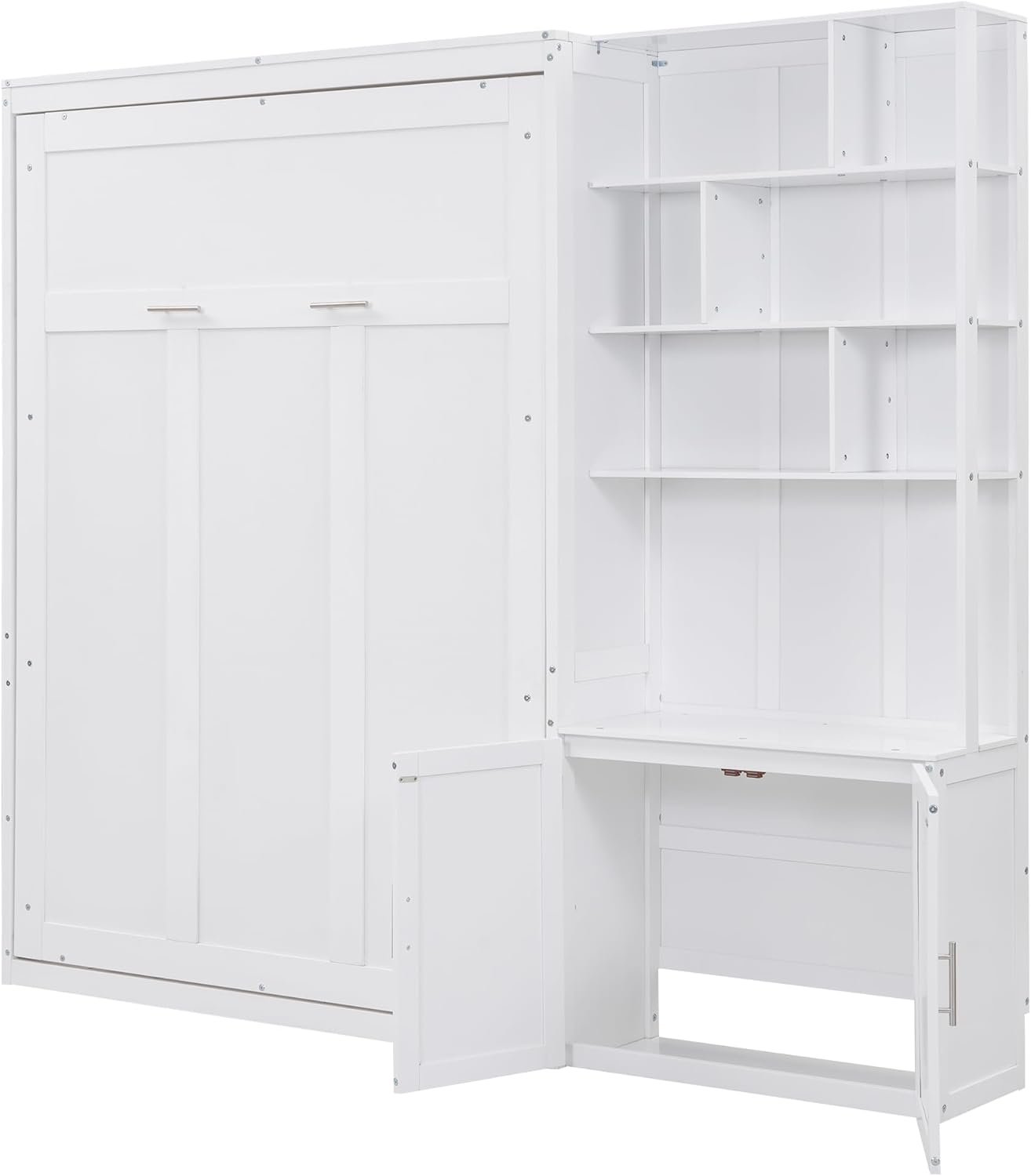 Merax Full Size Murphy Bed, White Wood Wall Bed Cabinet with Multiple Storage Shelves and a Cabinet, White