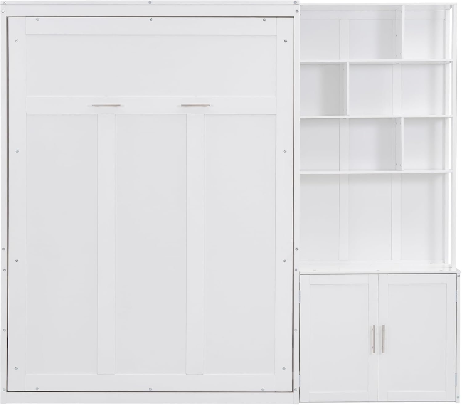 Merax Full Size Murphy Bed, White Wood Wall Bed Cabinet with Multiple Storage Shelves and a Cabinet, White