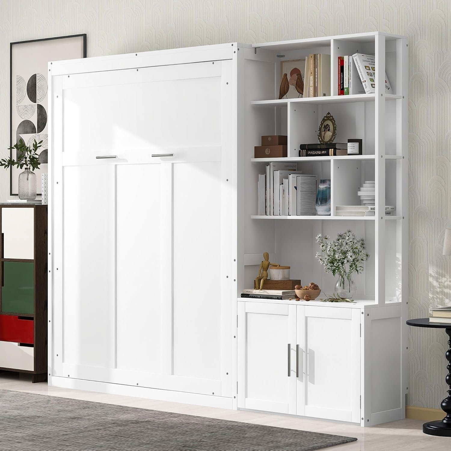 Merax Full Size Murphy Bed, White Wood Wall Bed Cabinet with Multiple Storage Shelves and a Cabinet, White