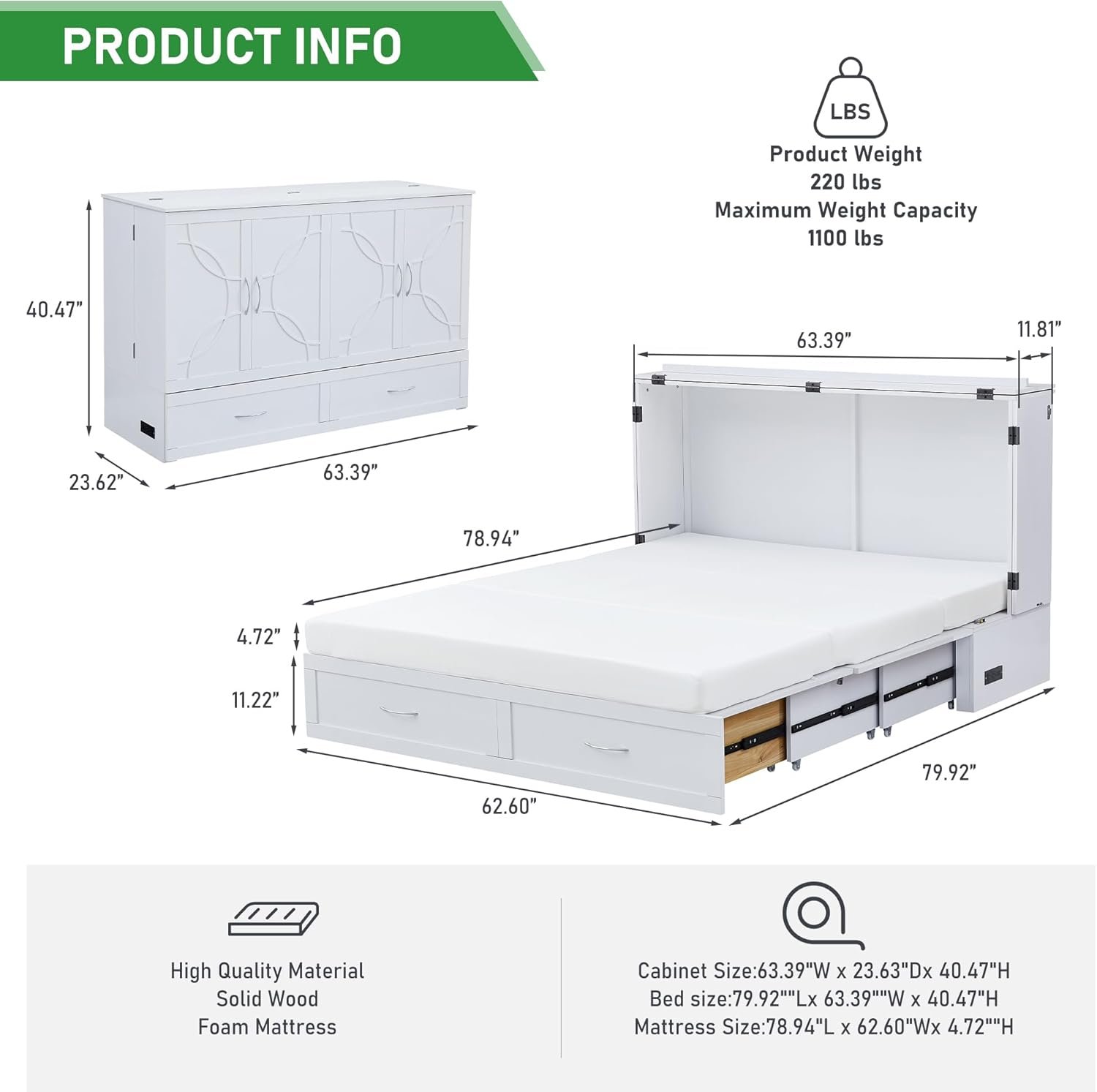 Murphy Bed with Mattress Included Queen, Murphy Cabinet Bed with Storage Drawers and Charging Station, Space-Saving Cabinet beds for Guest Room, Living Room