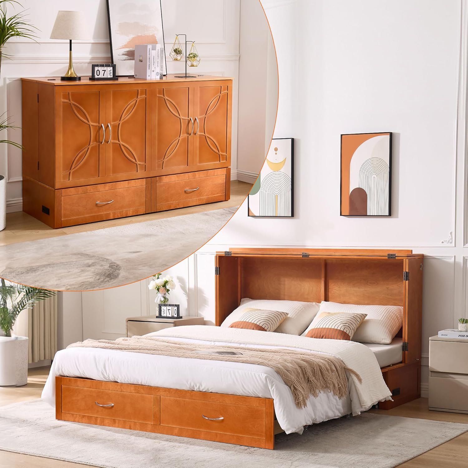 Murphy Bed with Mattress Included Queen, Murphy Cabinet Bed with Storage Drawers and Charging Station, Space-Saving Cabinet beds for Guest Room, Living Room