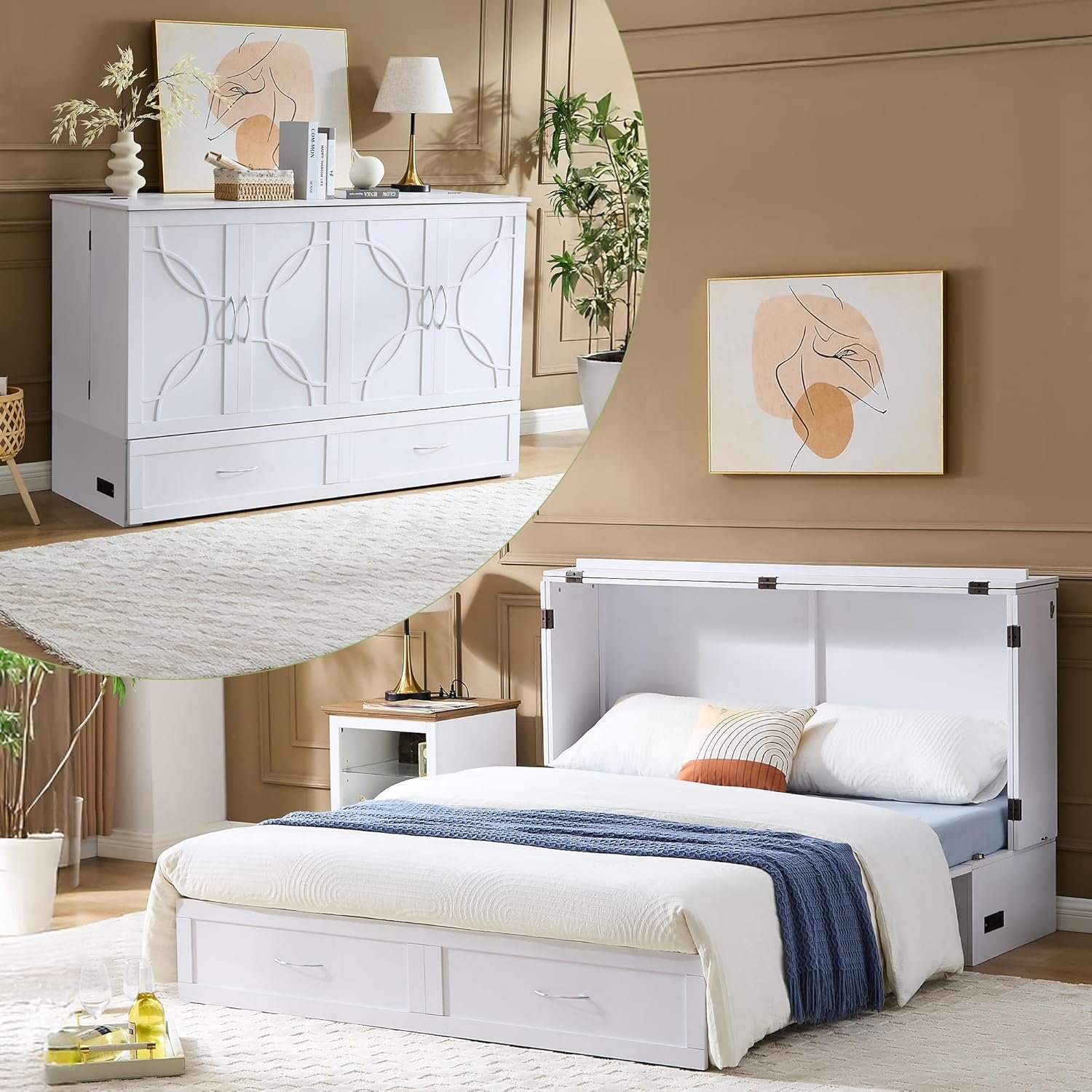 Murphy Bed with Mattress Included Queen, Murphy Cabinet Bed with Storage Drawers and Charging Station, Space-Saving Cabinet beds for Guest Room, Living Room