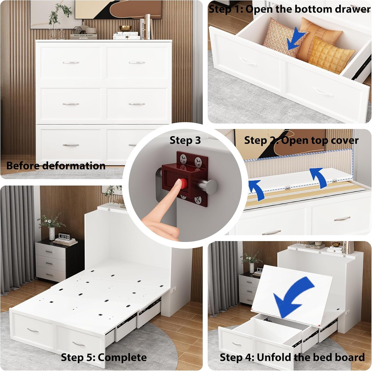 WOODTIME Twin Size Murphy Bed with Built-in Charging Station, 2-in-1 Bed Chest with Large Drawer, Space-Saving Foldable Cabinet Bed Frame for Bedroom Guest Room Office, White