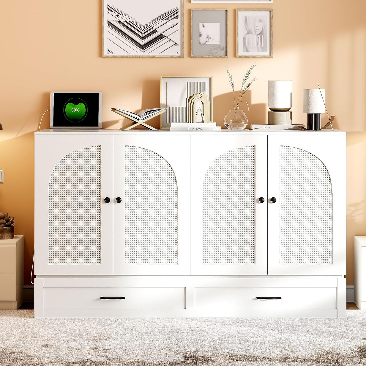 Ball  Cast Murphy Bed Queen Size Bedroom Folding Wall Cabinets Frame with Large Drawer and USB Ports,Hideaway Bed w/Tri-Fold Mattress Design,for Guest Room,Study,Office,White