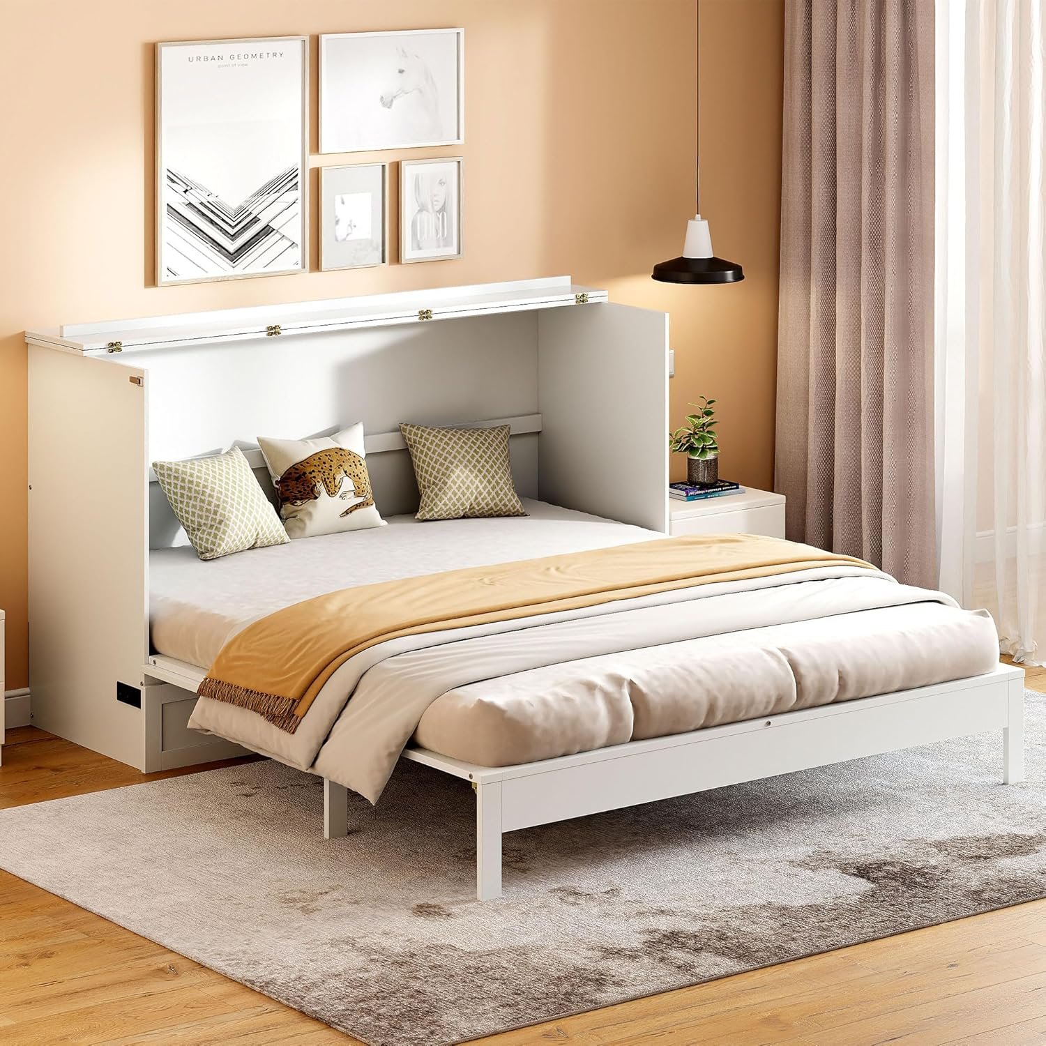 Ball  Cast Murphy Bed Queen Size Bedroom Folding Wall Cabinets Frame with Large Drawer and USB Ports,Hideaway Bed w/Tri-Fold Mattress Design,for Guest Room,Study,Office,White