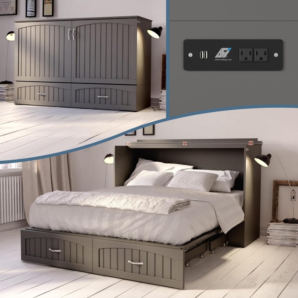 AFI, Southampton Murphy Bed Chest Queen with 6 Mattress, Storage Drawer  Built-in USB Charger, Grey