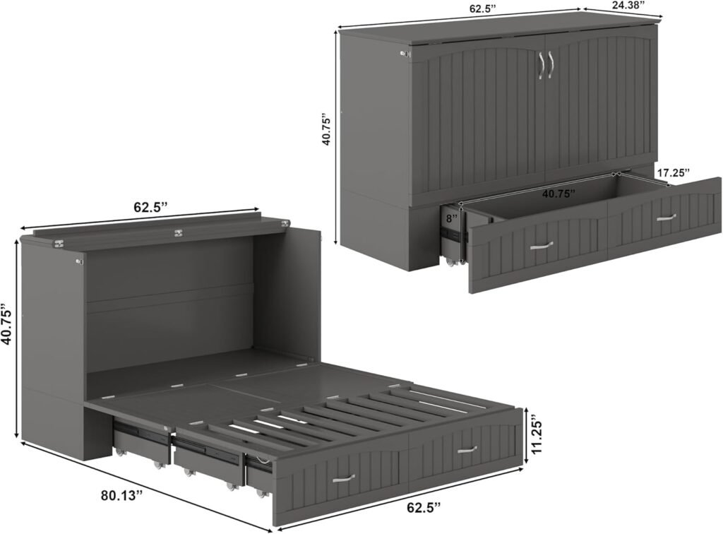AFI, Southampton Murphy Bed Chest Queen with 6 Mattress, Storage Drawer  Built-in USB Charger, Grey