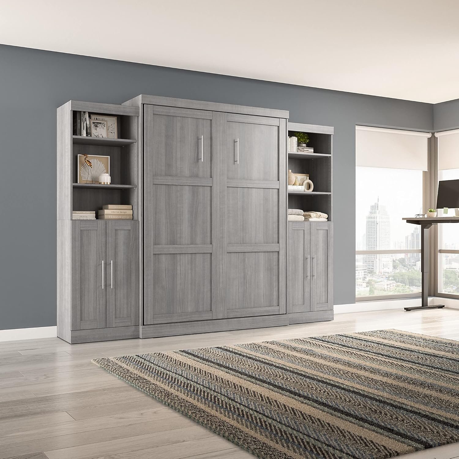 Bestar Pur Full Murphy Bed and 2 Shelving Units with Drawers, 109-inch Space-Saving Sleeping Arrangement in White