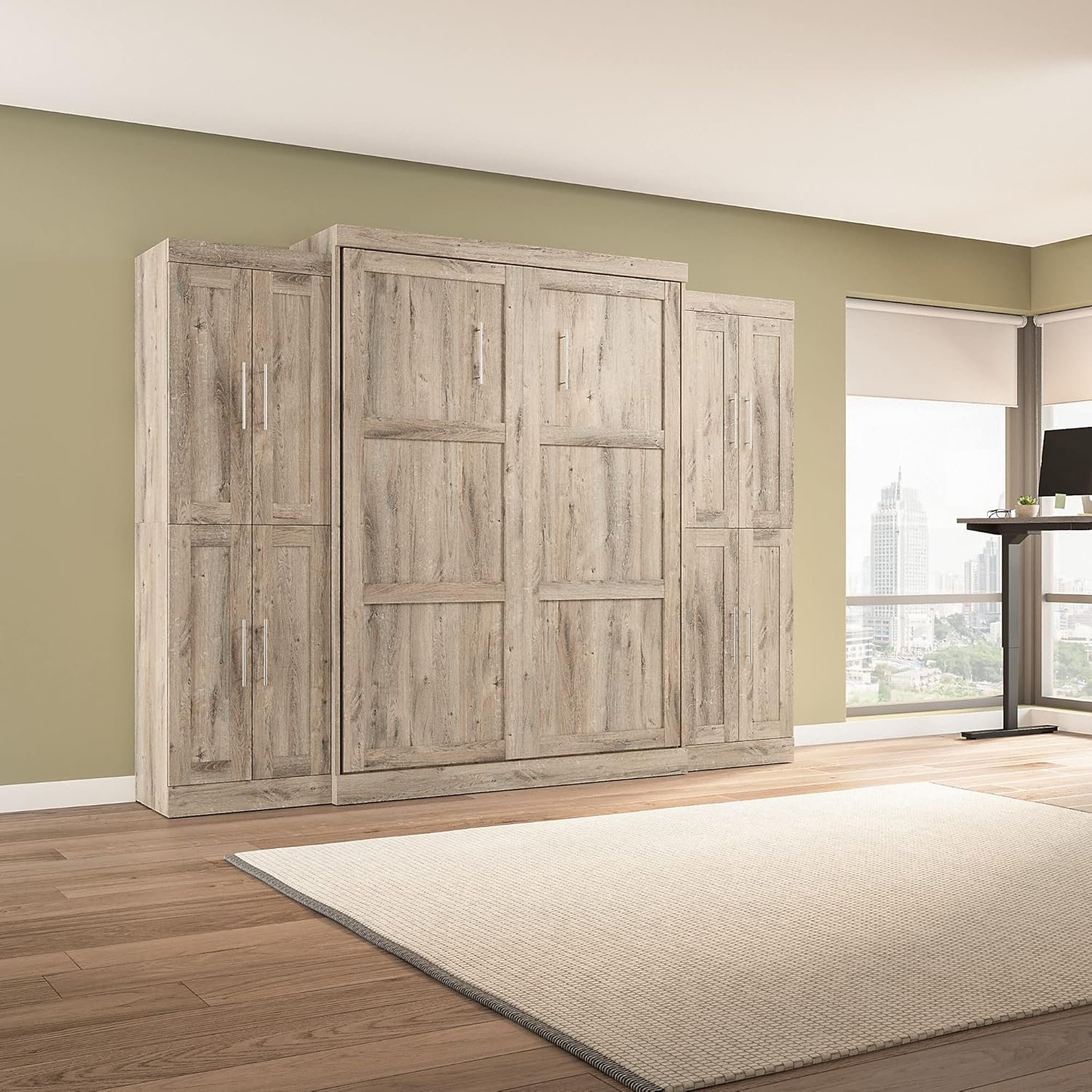 Bestar Pur Full Murphy Bed and 2 Shelving Units with Drawers, 109-inch Space-Saving Sleeping Arrangement in White