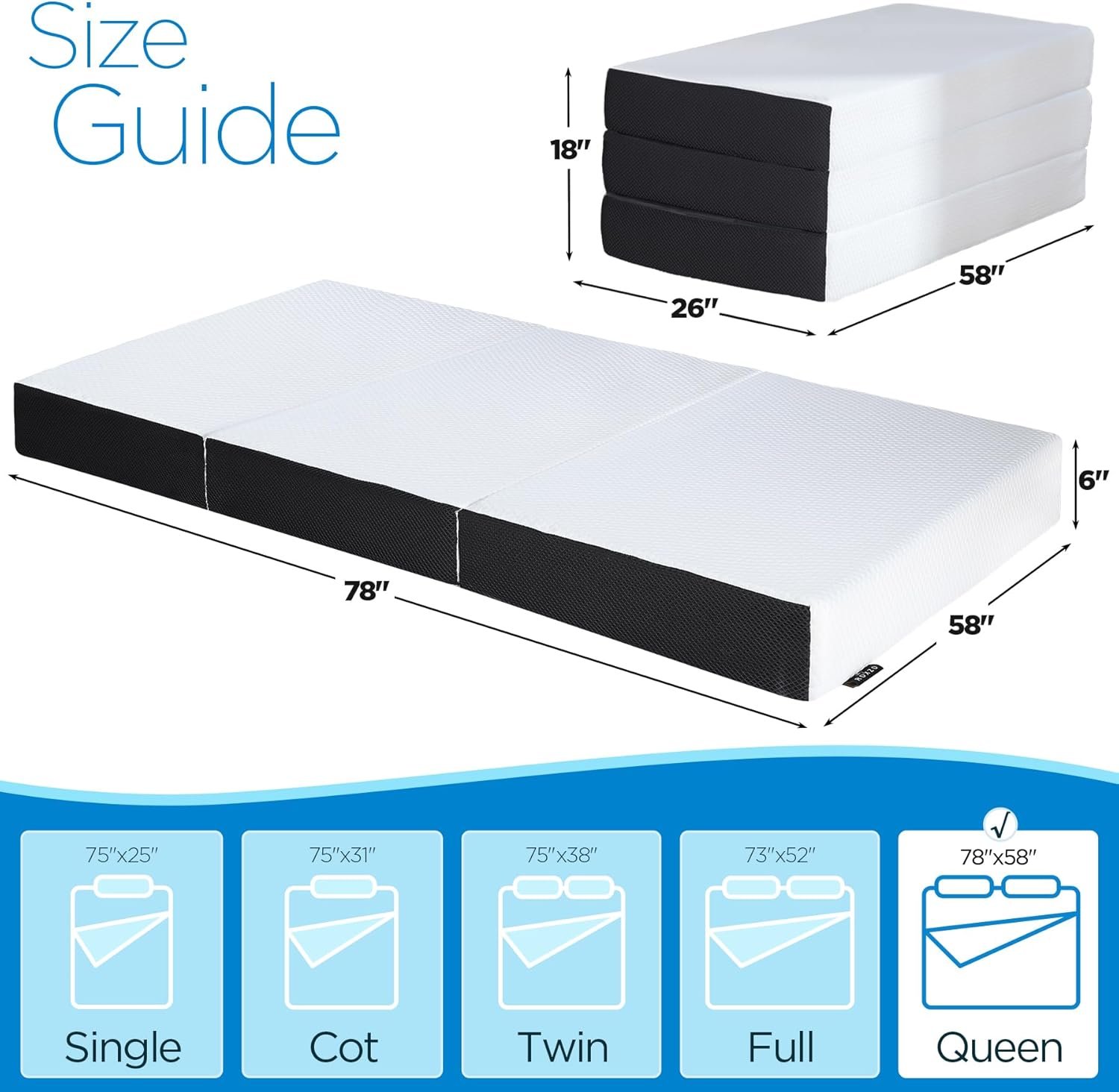 Folding Mattress Queen Size,6 inch Tri-fold Memory Foam Mattress Topper with Washable Cover, Non-Slip Bottom Guest Bed Queen Size, 78 x 58 x 6