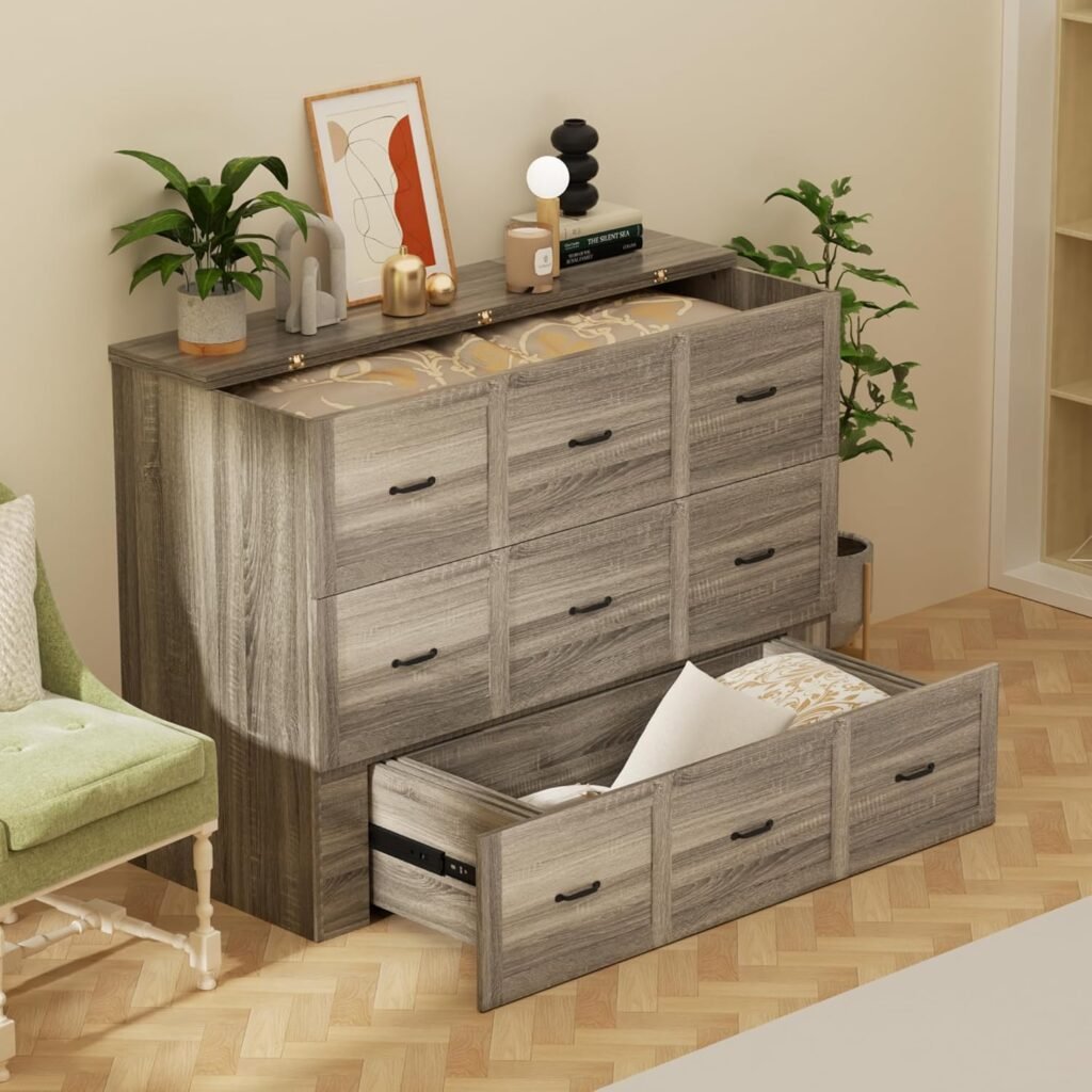 Full Size Murphy Bed Wood Wall Bed Cabinet with Large Drawer Space-Saving Hidden Foldable Platform Bed Chest Mobile Cabinet Bed Frame Storage Cabinet with USB Ports for Bedroom, Guest Room,Grey