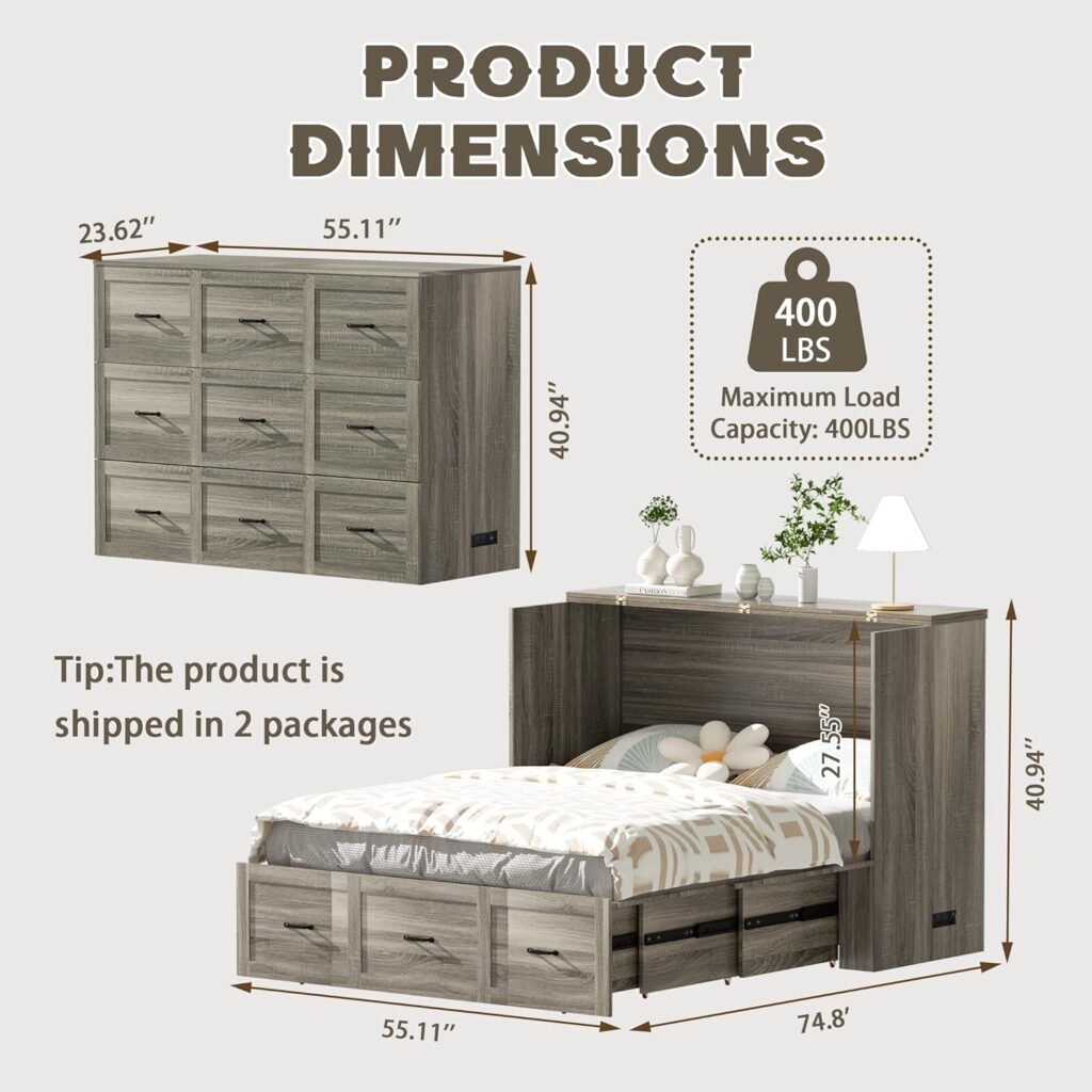 Full Size Murphy Bed Wood Wall Bed Cabinet with Large Drawer Space-Saving Hidden Foldable Platform Bed Chest Mobile Cabinet Bed Frame Storage Cabinet with USB Ports for Bedroom, Guest Room,Grey