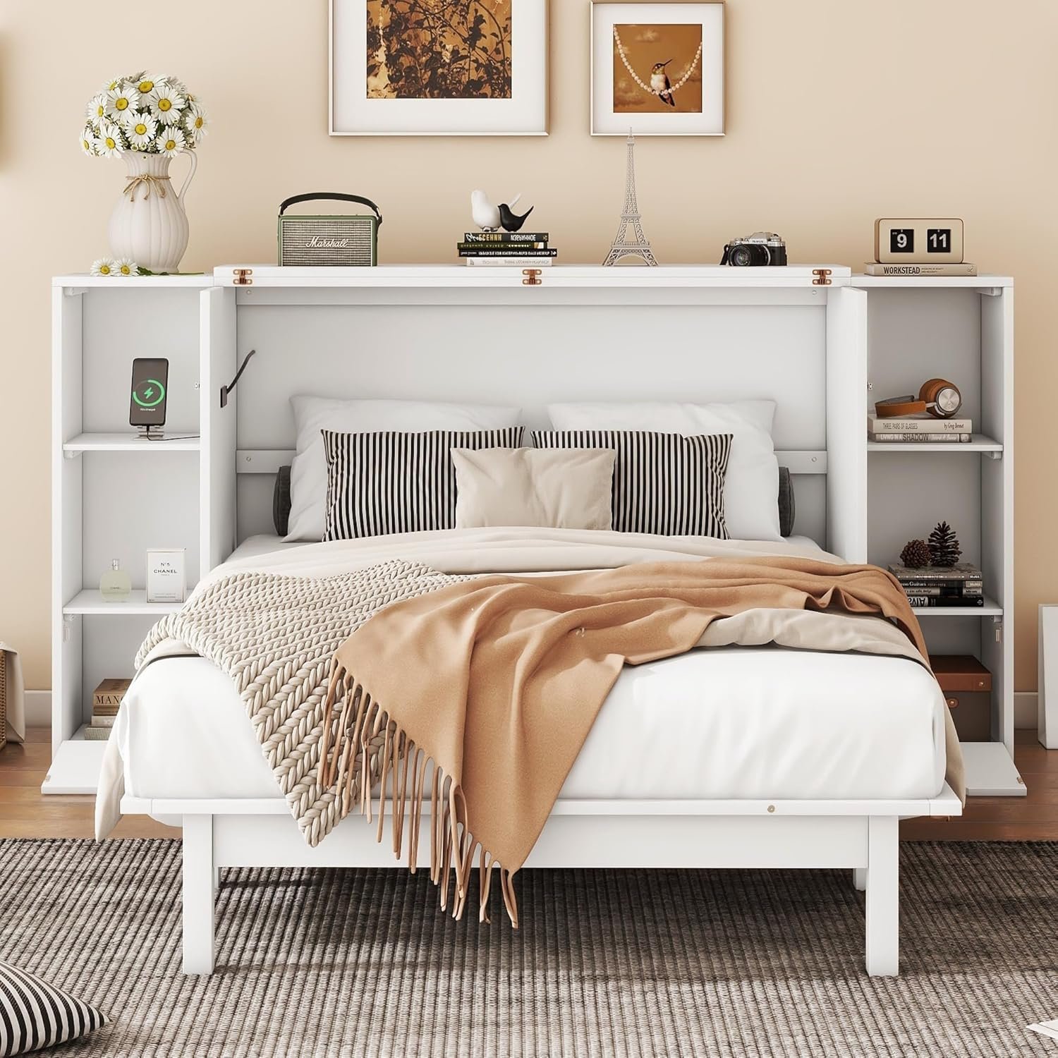 Full Size Murphy Bed,Cabinet Hideaway Bed with Shelves and Drawers,can be Folded w/USB Ports,Easy Assembly,Platform Bedframe for Kids Bedroom,Student Dorms,White