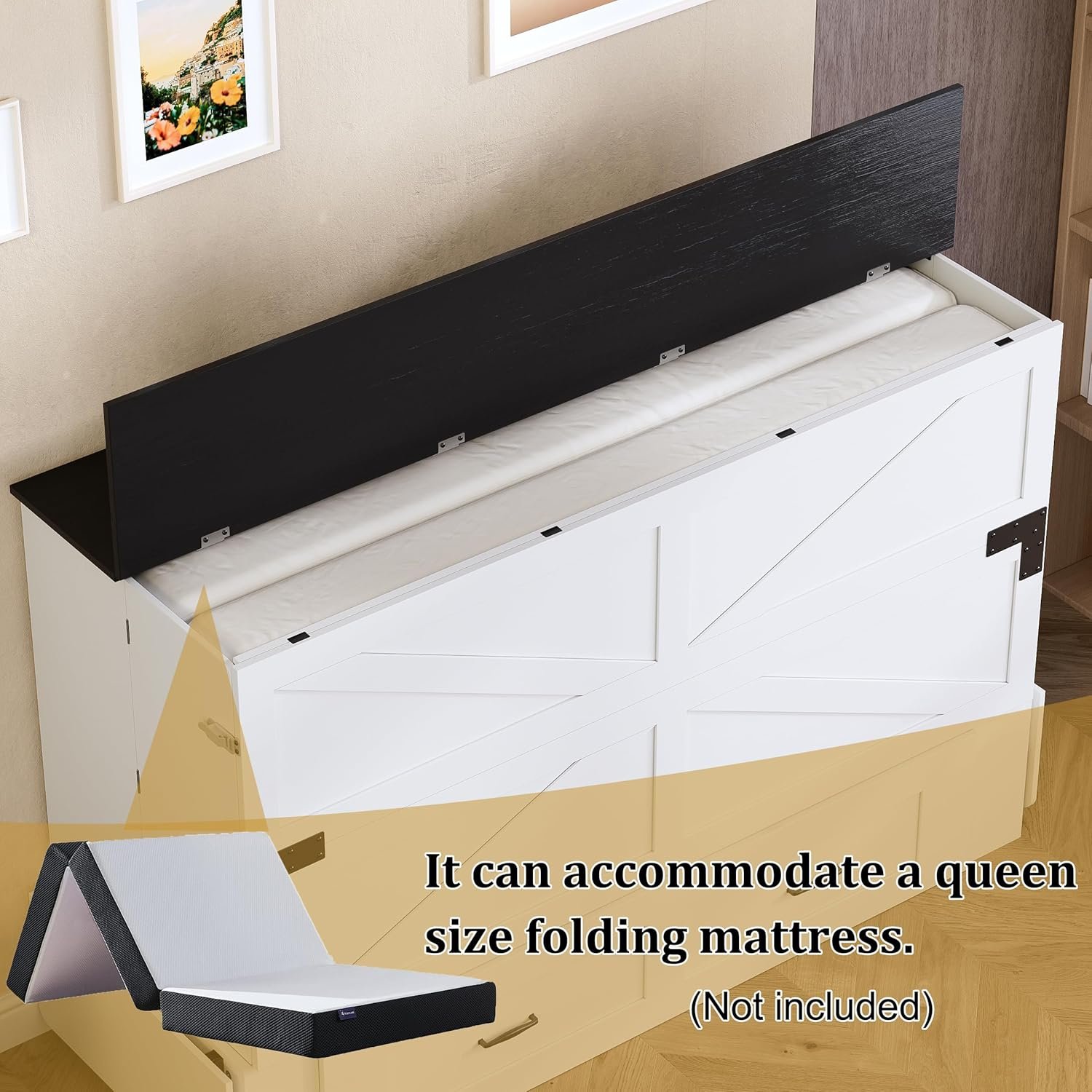 PAKASEPT Queen Murphy Bed - Murphy Cabinet Bed with Storage  Charging Station, Farmhouse Bed Frame with Foldable Panel and Hidden Space, for Living Room, Guest Bedroom