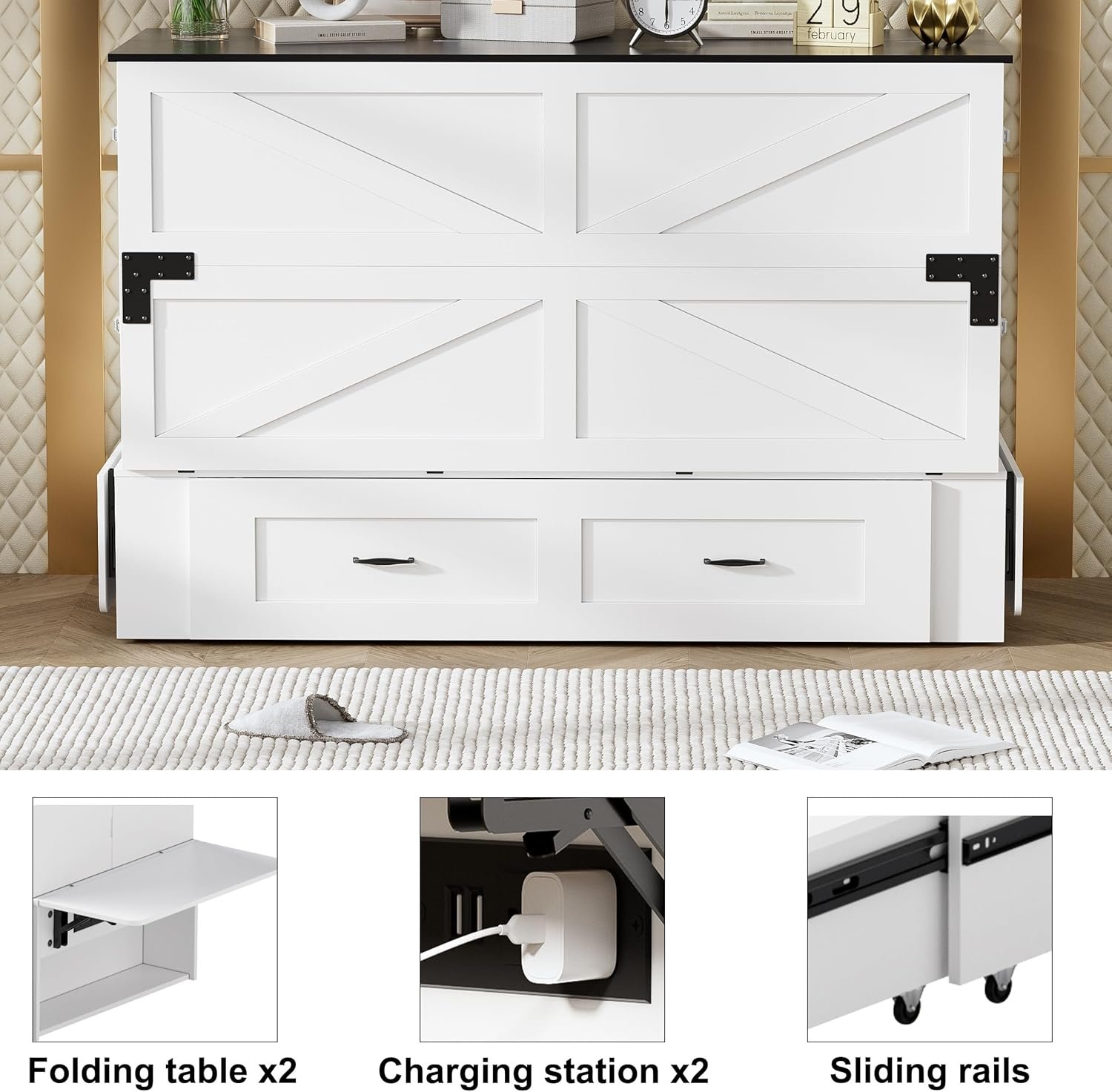 PAKASEPT Queen Murphy Bed - Murphy Cabinet Bed with Storage  Charging Station, Farmhouse Bed Frame with Foldable Panel and Hidden Space, for Living Room, Guest Bedroom