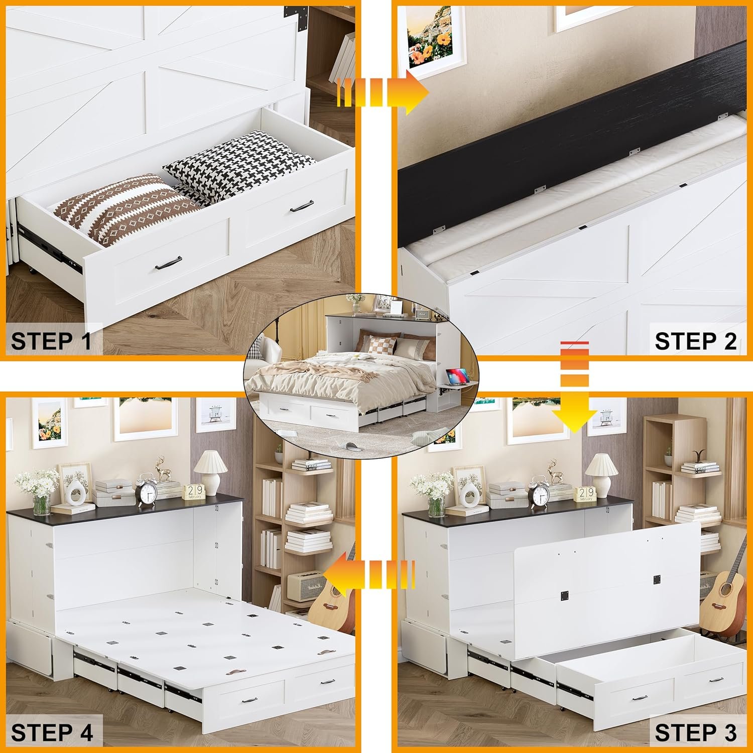 PAKASEPT Queen Murphy Bed - Murphy Cabinet Bed with Storage  Charging Station, Farmhouse Bed Frame with Foldable Panel and Hidden Space, for Living Room, Guest Bedroom