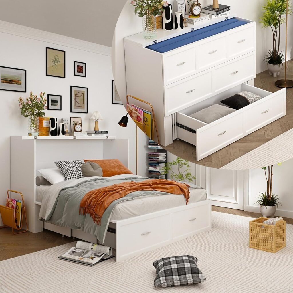 ECACAD Multi-Functional Murphy Cabinet Bed, Queen Size Bed Frame Murphy Chest with Built-in Power Strip  Drawers, Queen Foldable Platform BedFrame, White