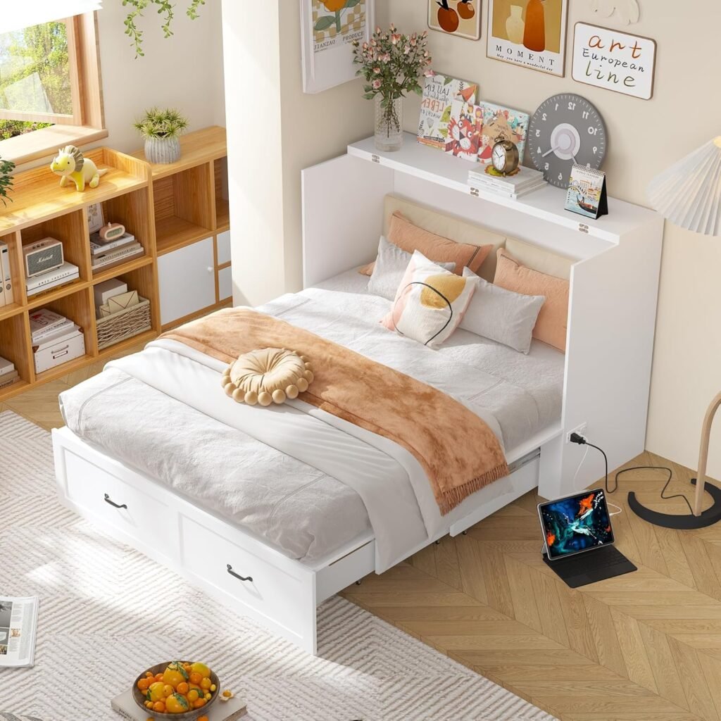 ECACAD Multi-Functional Murphy Cabinet Bed, Queen Size Bed Frame Murphy Chest with Built-in Power Strip  Drawers, Queen Foldable Platform BedFrame, White