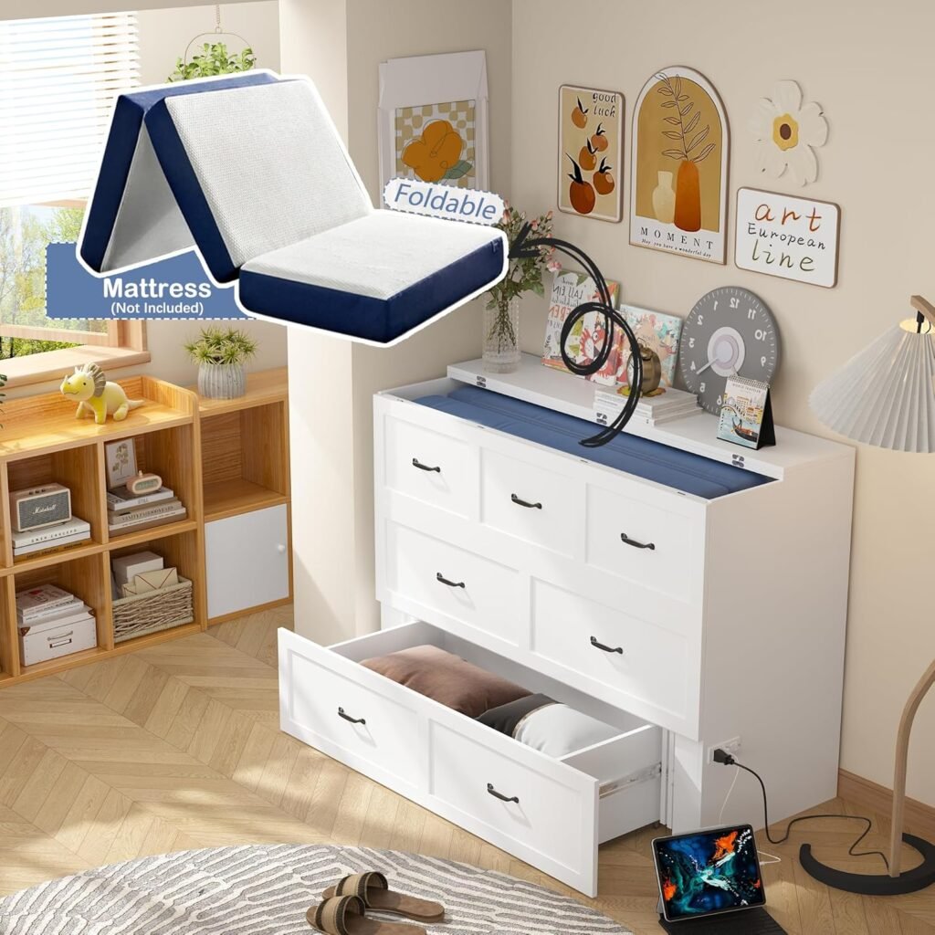 ECACAD Multi-Functional Murphy Cabinet Bed, Queen Size Bed Frame Murphy Chest with Built-in Power Strip  Drawers, Queen Foldable Platform BedFrame, White