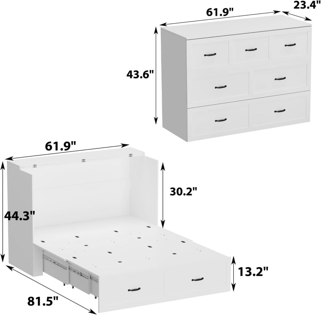 ECACAD Multi-Functional Murphy Cabinet Bed, Queen Size Bed Frame Murphy Chest with Built-in Power Strip  Drawers, Queen Foldable Platform BedFrame, White
