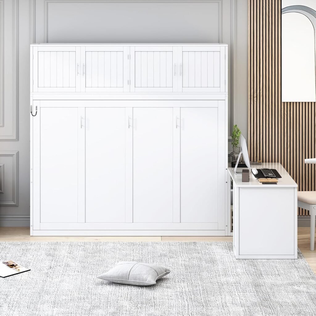 Harper  Bright Designs Queen Size Murphy Bed with Closet, Wall Bed with Drawers and Shelves, White