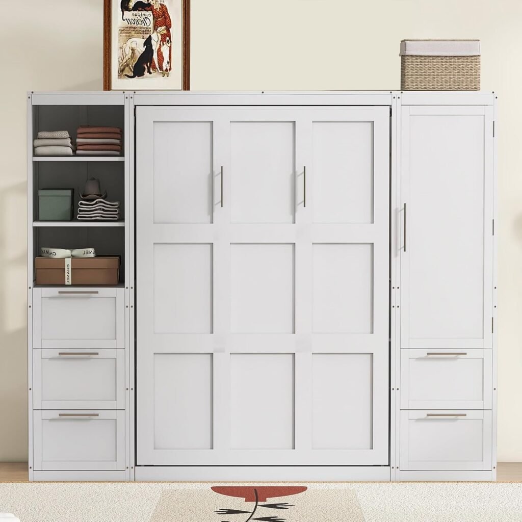 Harper  Bright Designs Queen Size Murphy Bed with Closet, Wall Bed with Drawers and Shelves, White