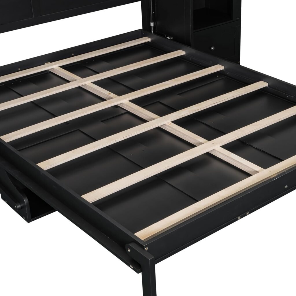 LUMISOL Queen Size Murphy Bed, Murphy Bed Cabinet with Storage Shelves, Cabinets, Drawers and LED Lights, Folding Wall Bed Frame for Guestroom, Apartment, Small Space, Black