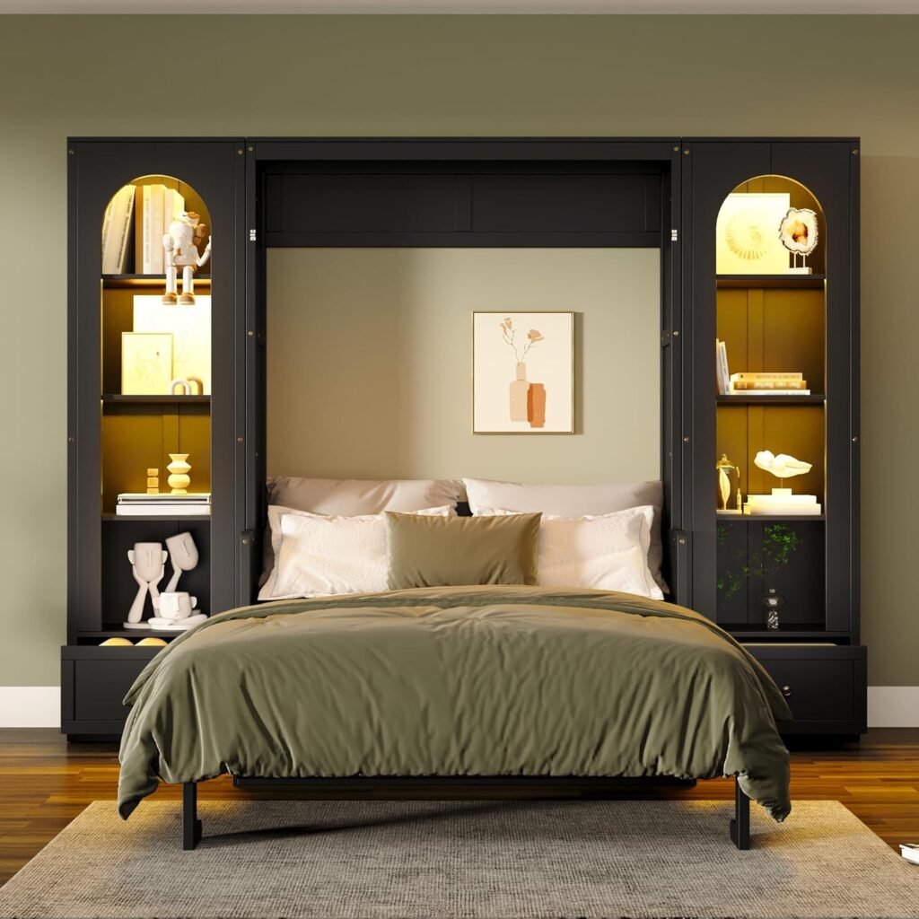 LUMISOL Queen Size Murphy Bed, Murphy Bed Cabinet with Storage Shelves, Cabinets, Drawers and LED Lights, Folding Wall Bed Frame for Guestroom, Apartment, Small Space, Black