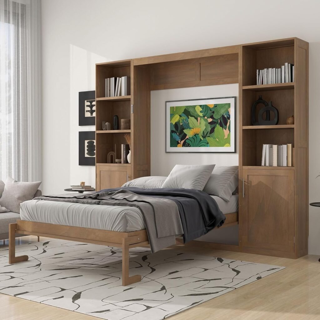LUMISOL Queen Size Murphy Bed, Murphy Bed Cabinet with Storage Shelves, Cabinets, Drawers and LED Lights, Folding Wall Bed Frame for Guestroom, Apartment, Small Space, Black