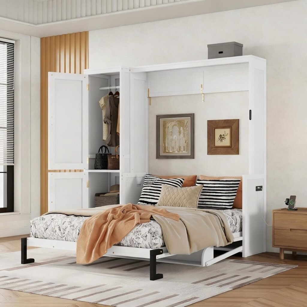 LUMISOL Queen Size Murphy Bed, Murphy Bed Cabinet with Storage Shelves, Cabinets, Drawers and LED Lights, Folding Wall Bed Frame for Guestroom, Apartment, Small Space, Black