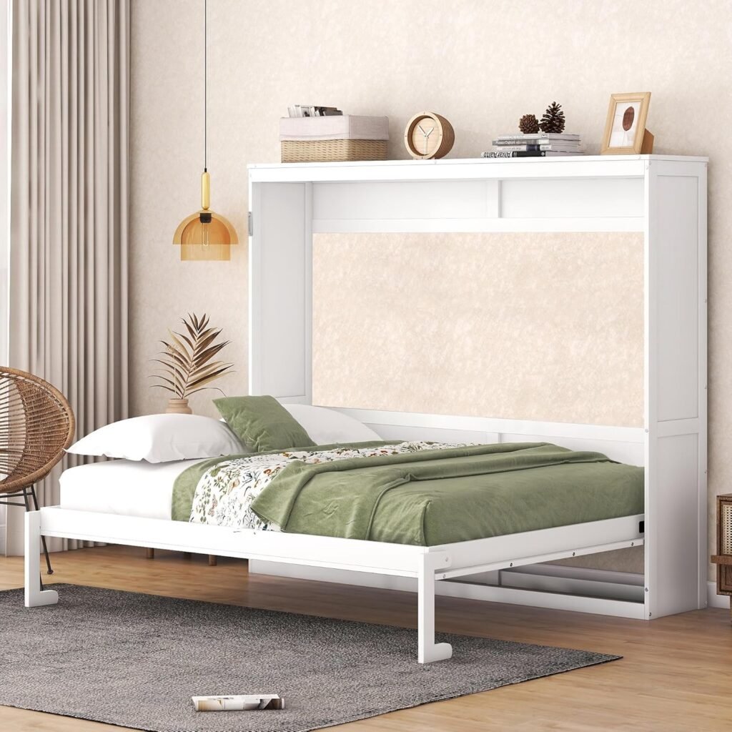 Merax Modern Farmhouse Solid Wood Murphy Cabinet Bed, No Box Spring Needed/Easy Assemble/Queen,White