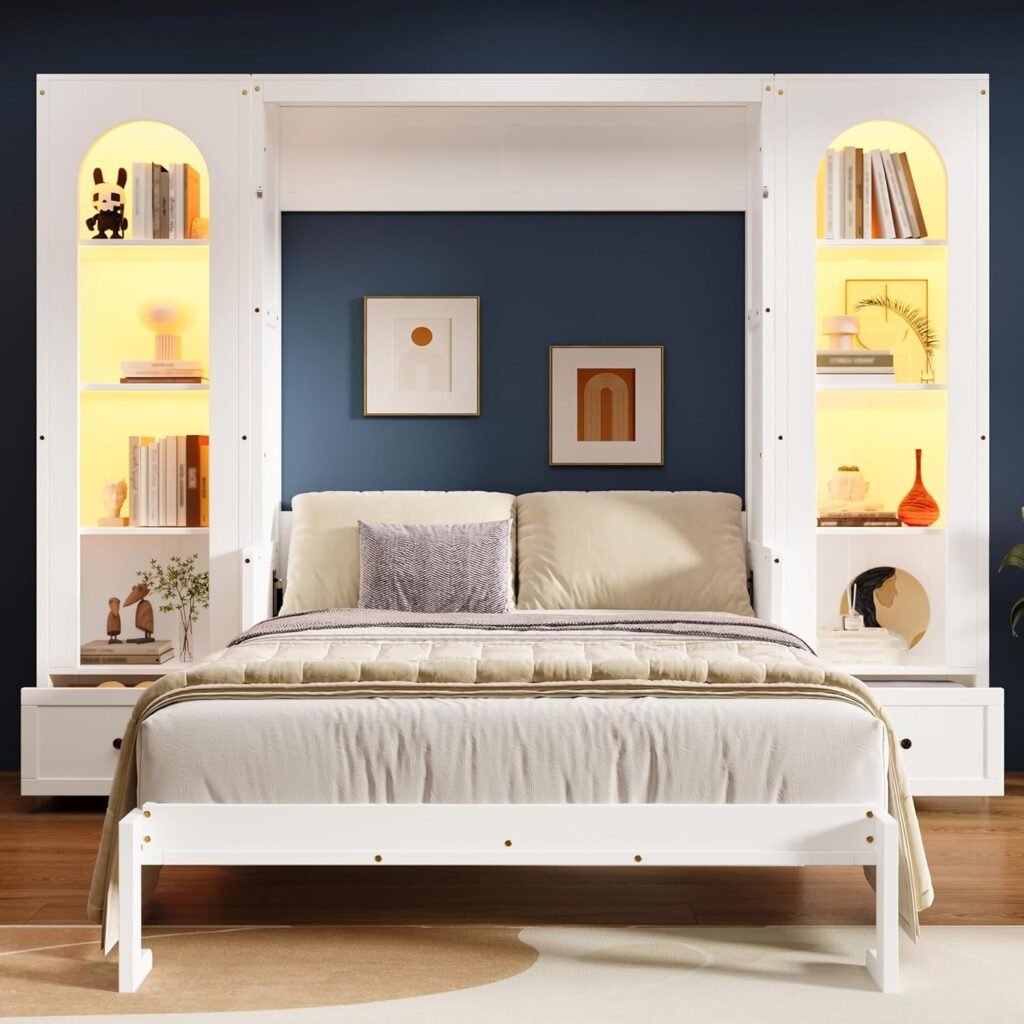Merax Queen Size Murphy Platform Bed with Shelf, Side Cabinets, Drawers and LED, White