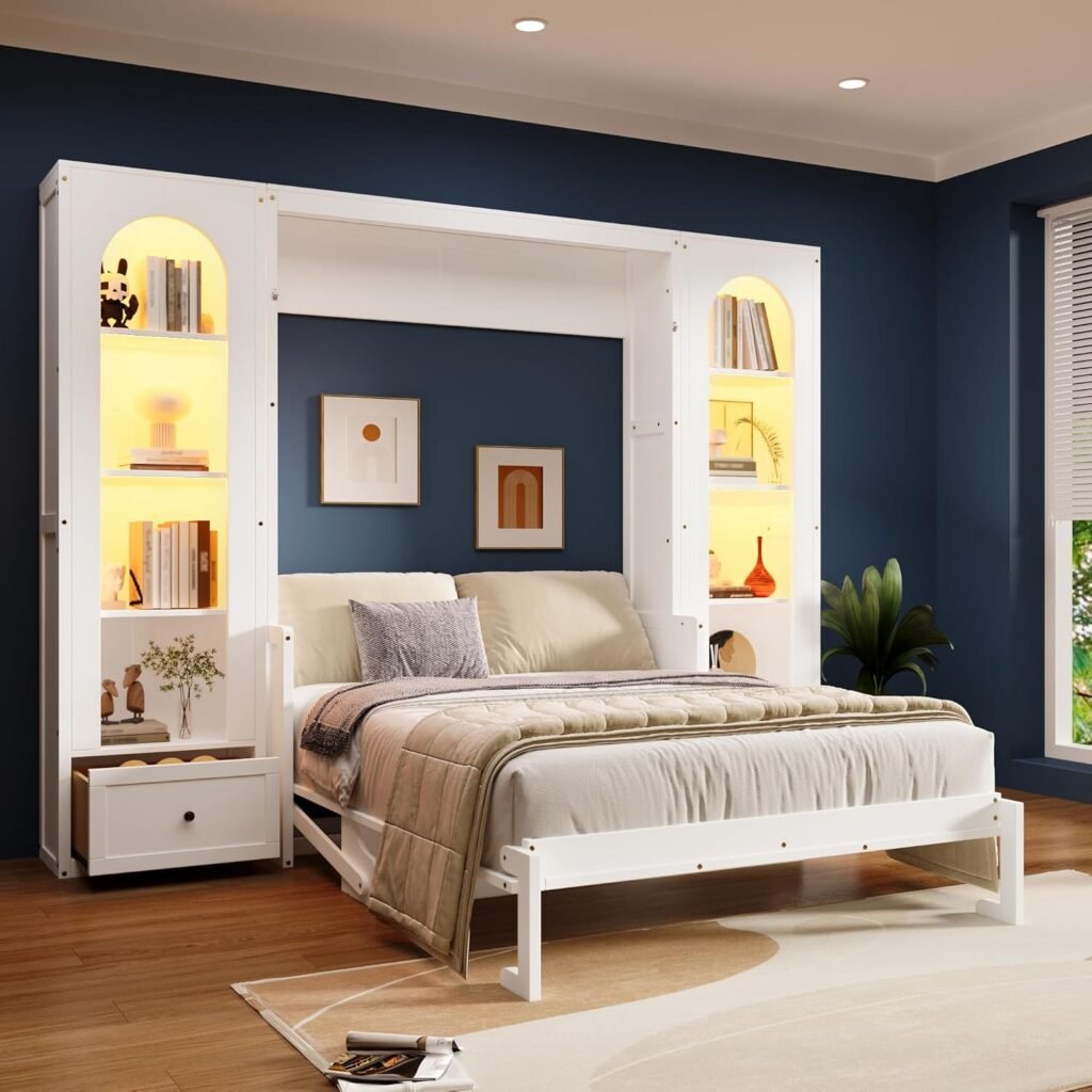 Merax Queen Size Murphy Platform Bed with Shelf, Side Cabinets, Drawers and LED, White