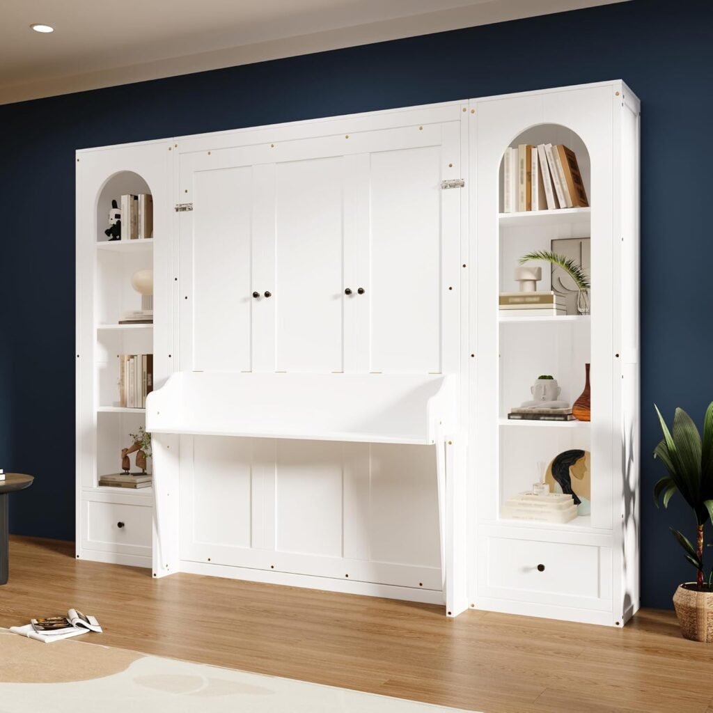 Merax Queen Size Murphy Platform Bed with Shelf, Side Cabinets, Drawers and LED, White