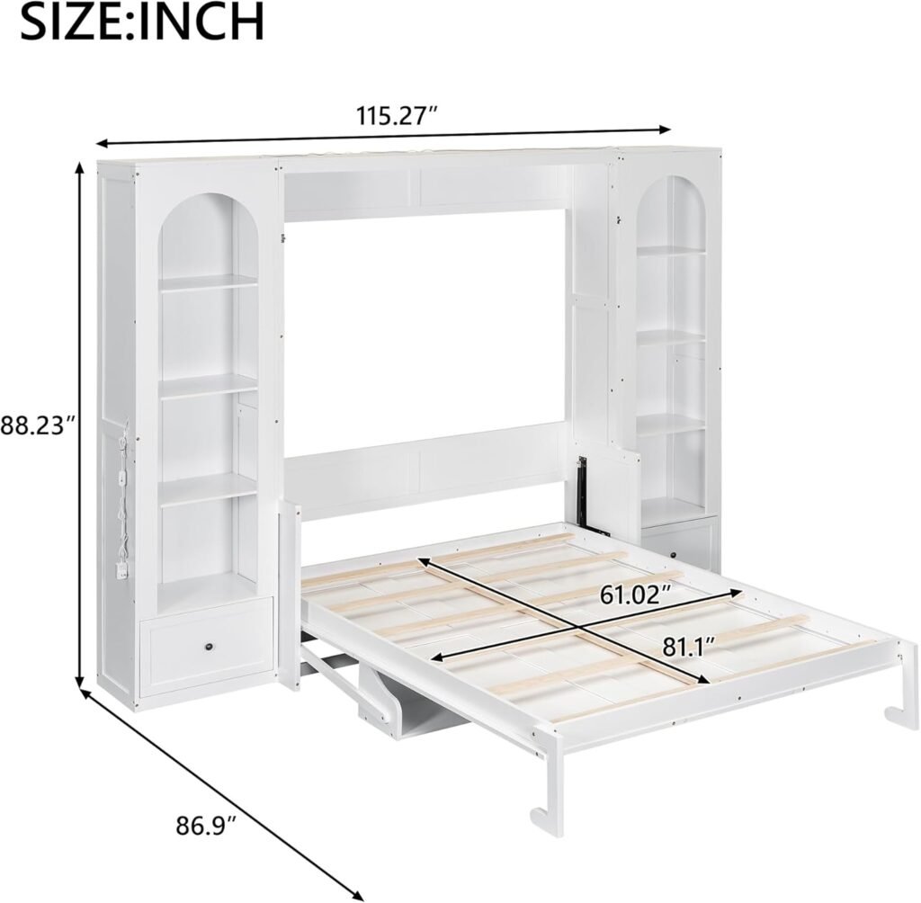 Merax Queen Size Murphy Platform Bed with Shelf, Side Cabinets, Drawers and LED, White