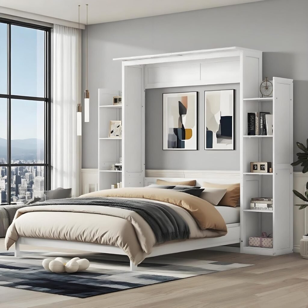 PVWIIK Queen Size Murphy Bed with 5-Tier Shelves and LED Lights,Foldable PlatformBed Vertical Wall Bedframe for Small Space,Bedroom,Guest Room,White