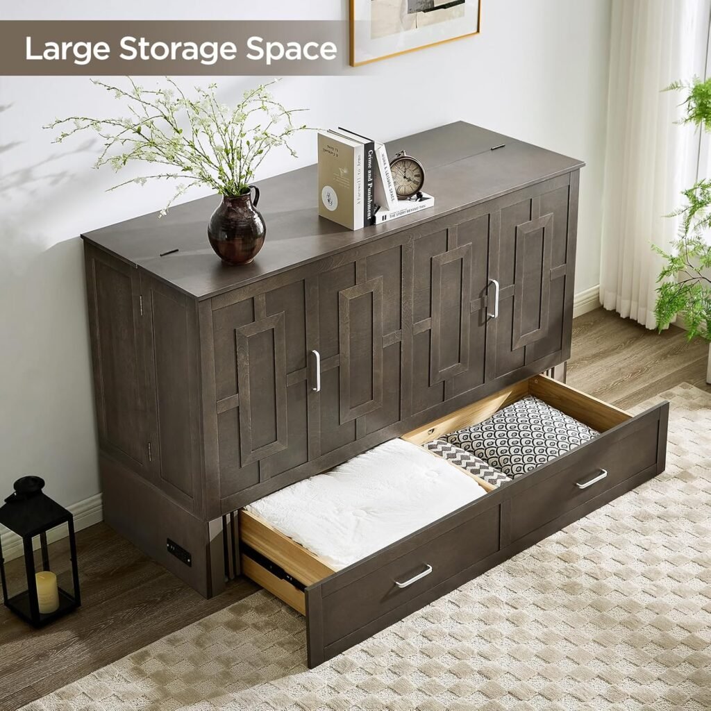 Queen Murphy Bed with Tri-Folding Mattress, Space-Saving Queen Size Wall Bed Built-in Charging Station, Foldable Murphy Bed Cabinet with 2 Storage Drawers for Bedroom, Guest Room, Grey