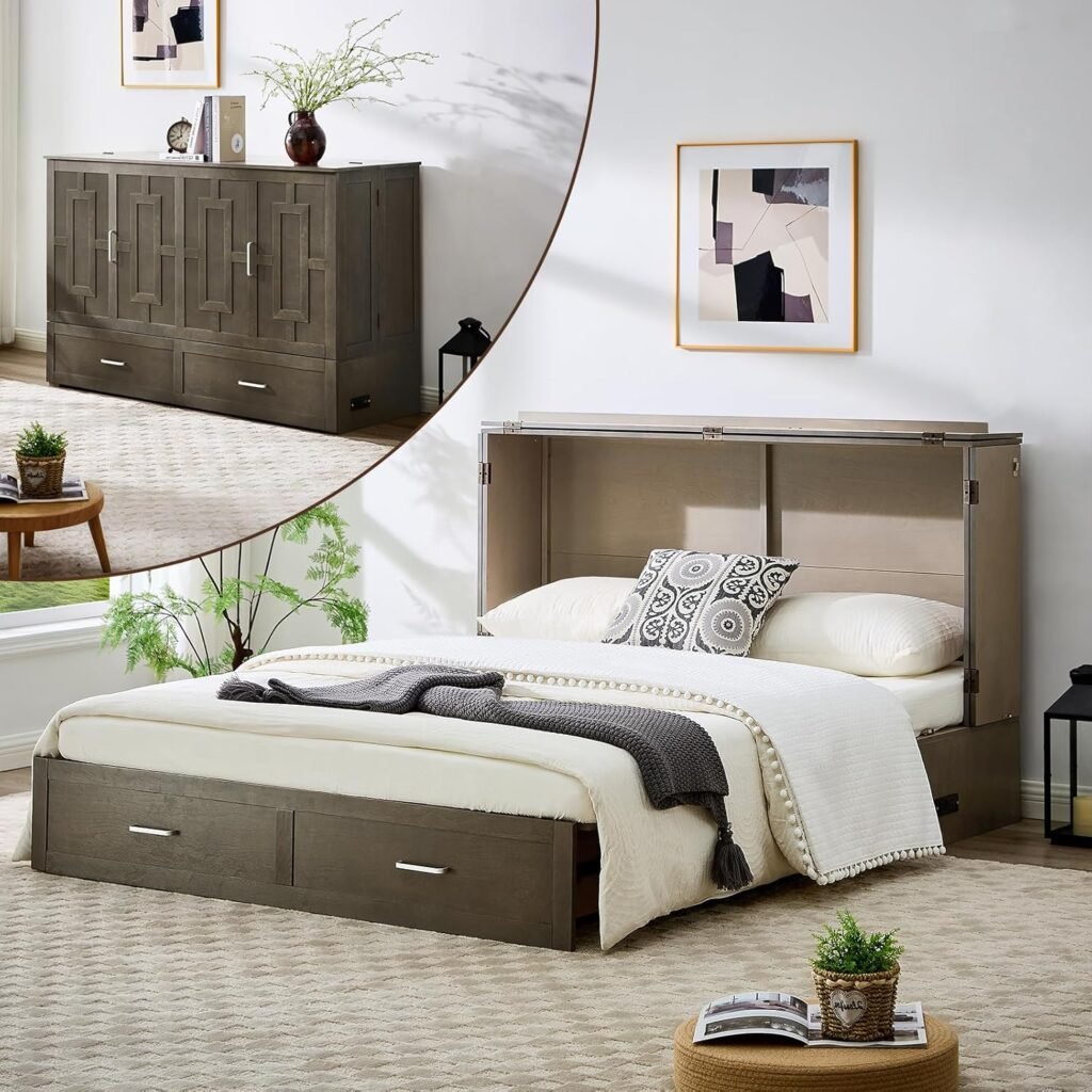 Queen Murphy Bed with Tri-Folding Mattress, Space-Saving Queen Size Wall Bed Built-in Charging Station, Foldable Murphy Bed Cabinet with 2 Storage Drawers for Bedroom, Guest Room, Grey