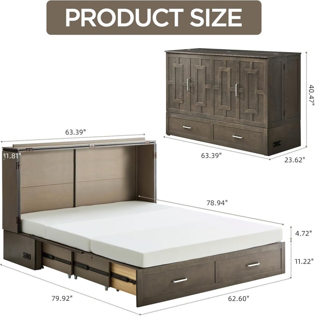 Queen Murphy Bed with Tri-Folding Mattress, Space-Saving Queen Size Wall Bed Built-in Charging Station, Foldable Murphy Bed Cabinet with 2 Storage Drawers for Bedroom, Guest Room, Grey