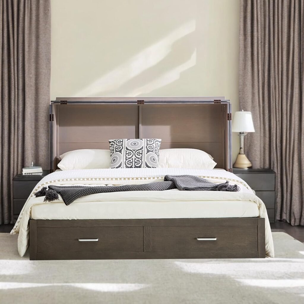 Queen Murphy Bed with Tri-Folding Mattress, Space-Saving Queen Size Wall Bed Built-in Charging Station, Foldable Murphy Bed Cabinet with 2 Storage Drawers for Bedroom, Guest Room, Grey
