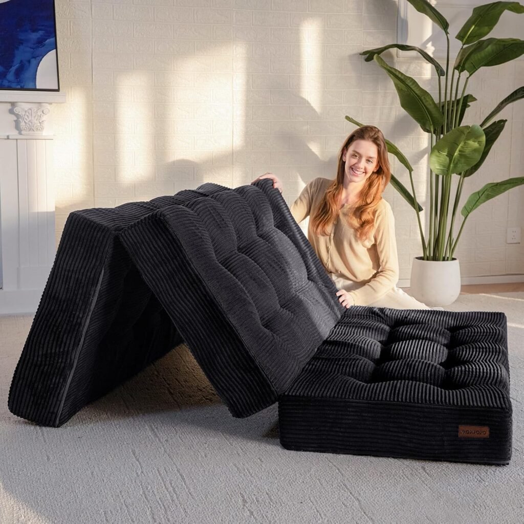 MAXYOYO Tri-Fold Mattress, 6 Inch Tufted Folding Mattress Full Foam Bed, Foldable Floor Couch Guest Bed Topper Portable Camping Sleeper with Corded Fabric, Black, 53x75