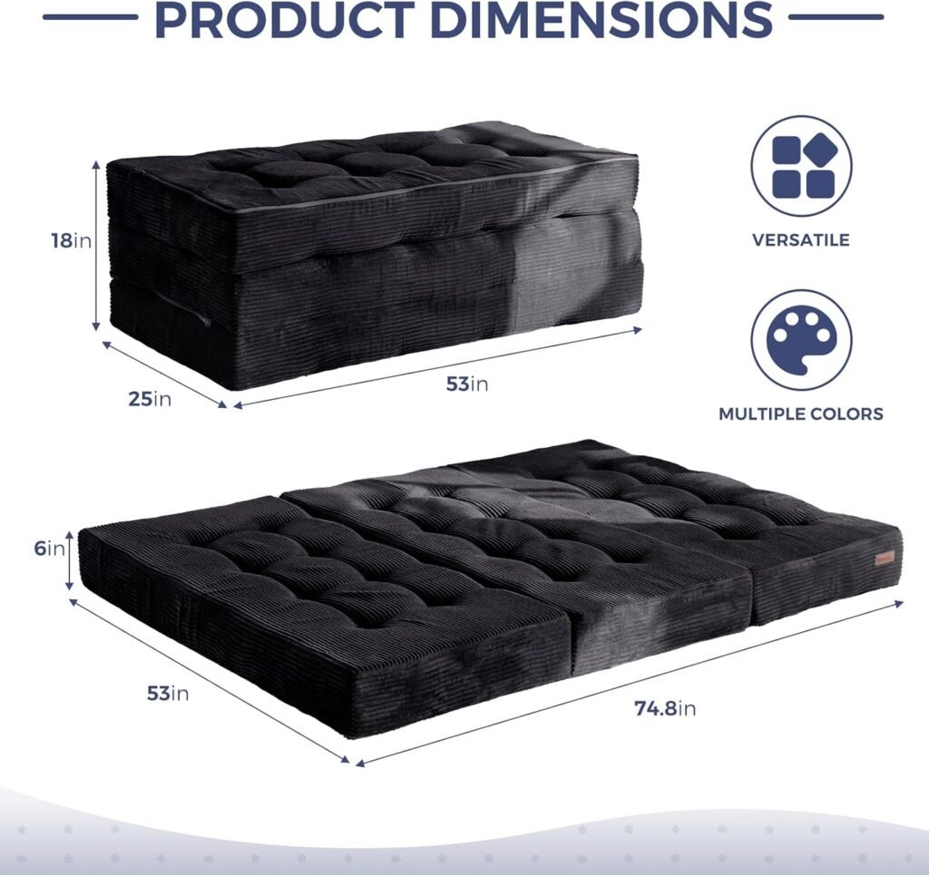 MAXYOYO Tri-Fold Mattress, 6 Inch Tufted Folding Mattress Full Foam Bed, Foldable Floor Couch Guest Bed Topper Portable Camping Sleeper with Corded Fabric, Black, 53x75