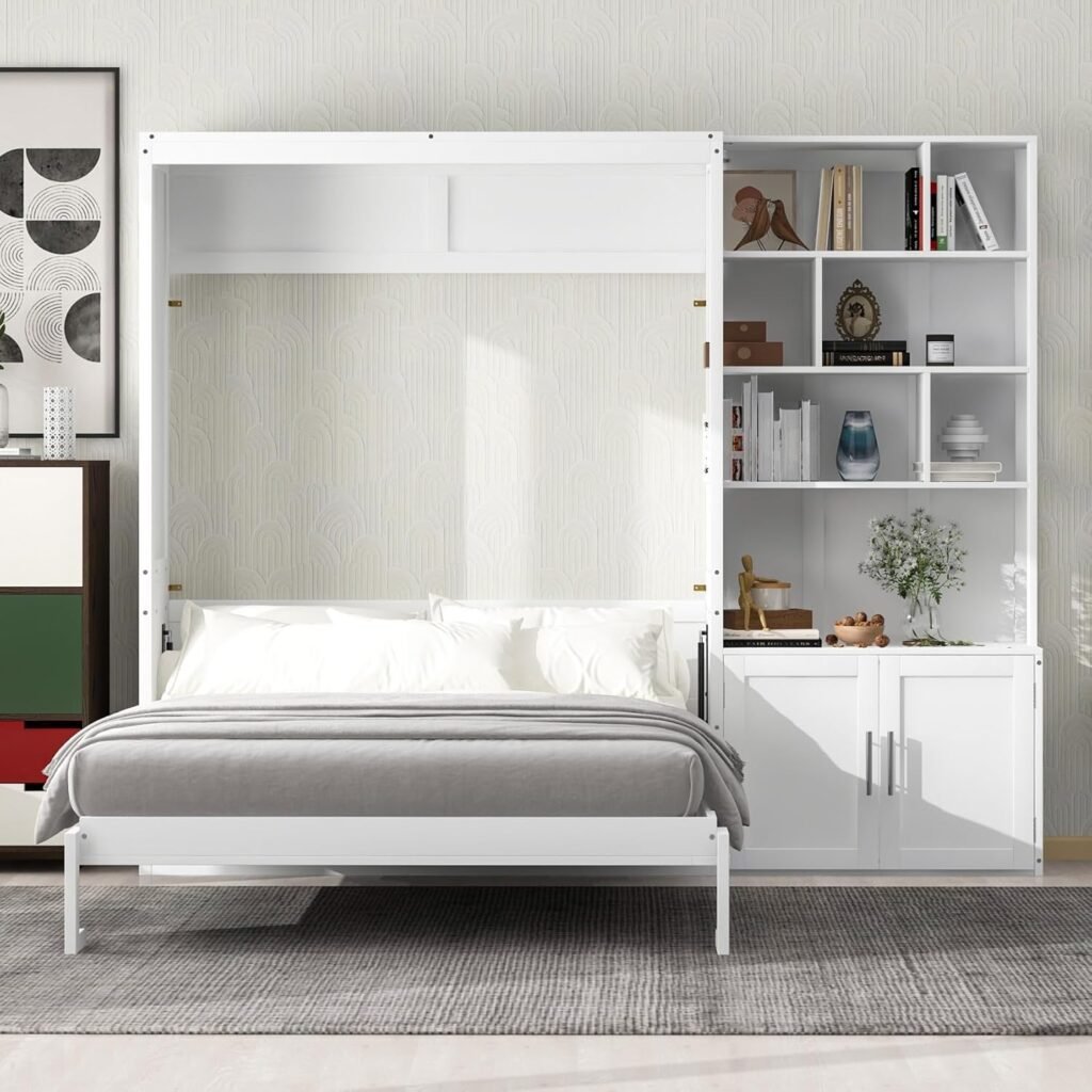 Merax Full Size Murphy Bed Cabinet with Multiple Storage Shelves, Solid Wood Foldable Hidden Platform Bedframe for Home, Bedroom, Office, Small Room, Apartment