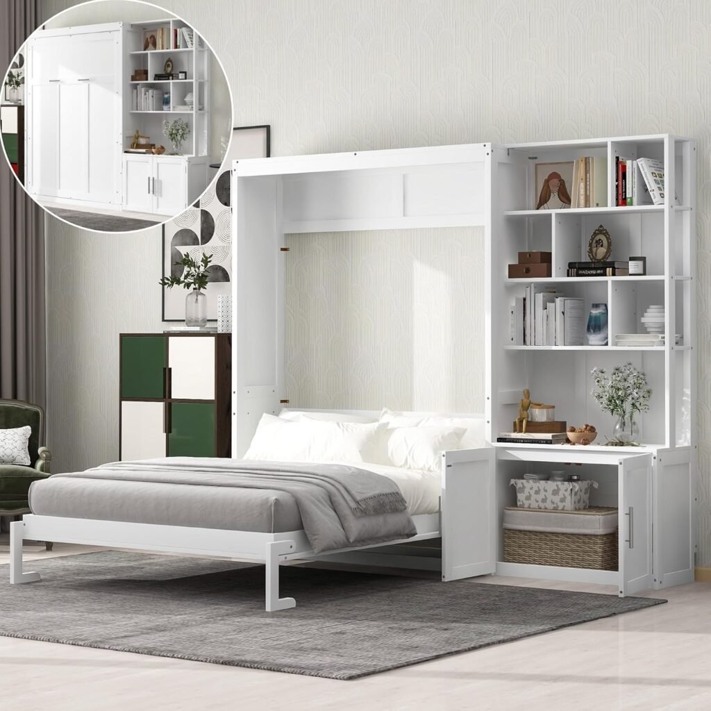 Merax Full Size Murphy Bed Cabinet with Multiple Storage Shelves, Solid Wood Foldable Hidden Platform Bedframe for Home, Bedroom, Office, Small Room, Apartment