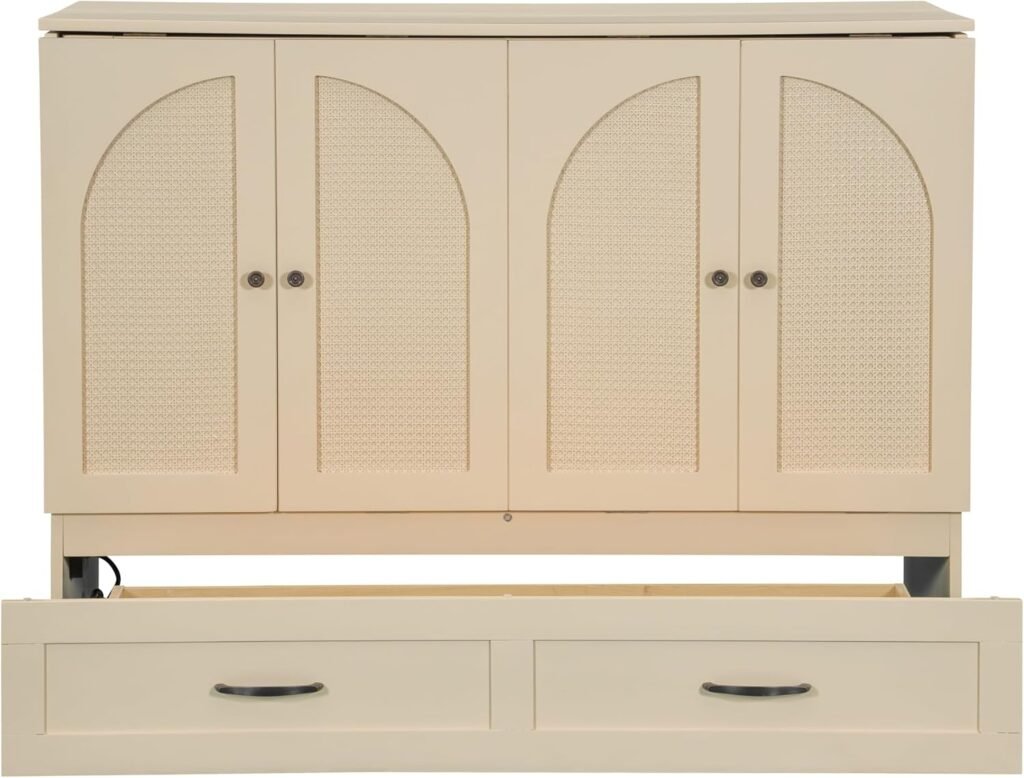 Merax Full Size Murphy Bed with Charging Station and Large Storage Drawer, Foldable Pull Out Murphy Chest Bed for Apartments, Bedrooms, Studio, No Spring Box Needed, Gold